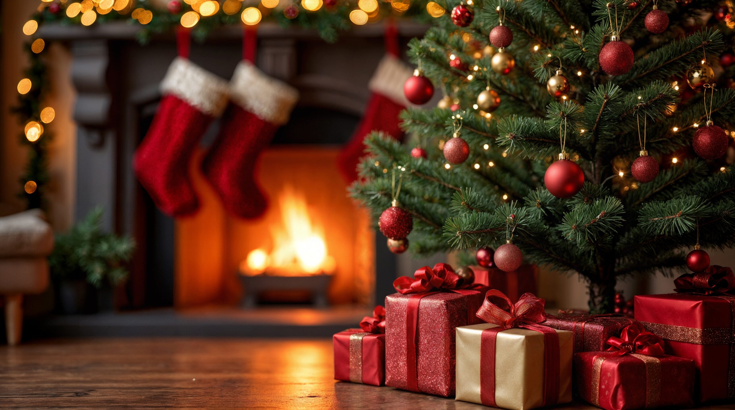Christmas,Tree,With,Ornaments,,Gifts,Wrapped,In,Red,And,Gold,