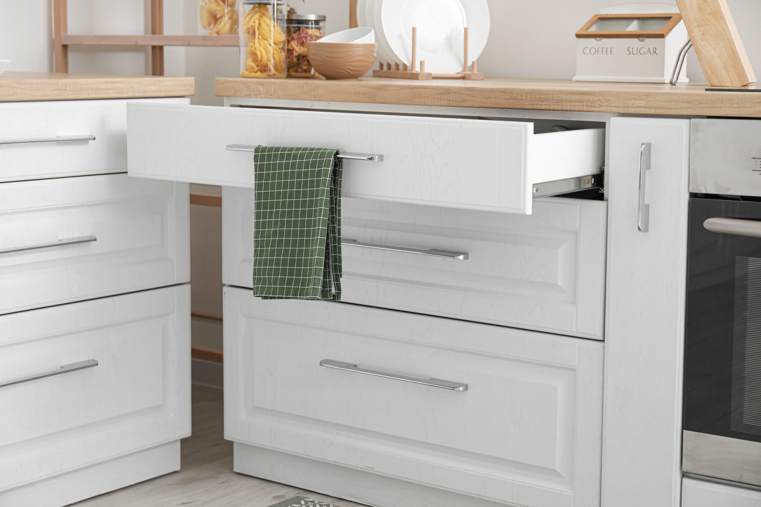 Open,White,Drawer,In,Modern,Kitchen