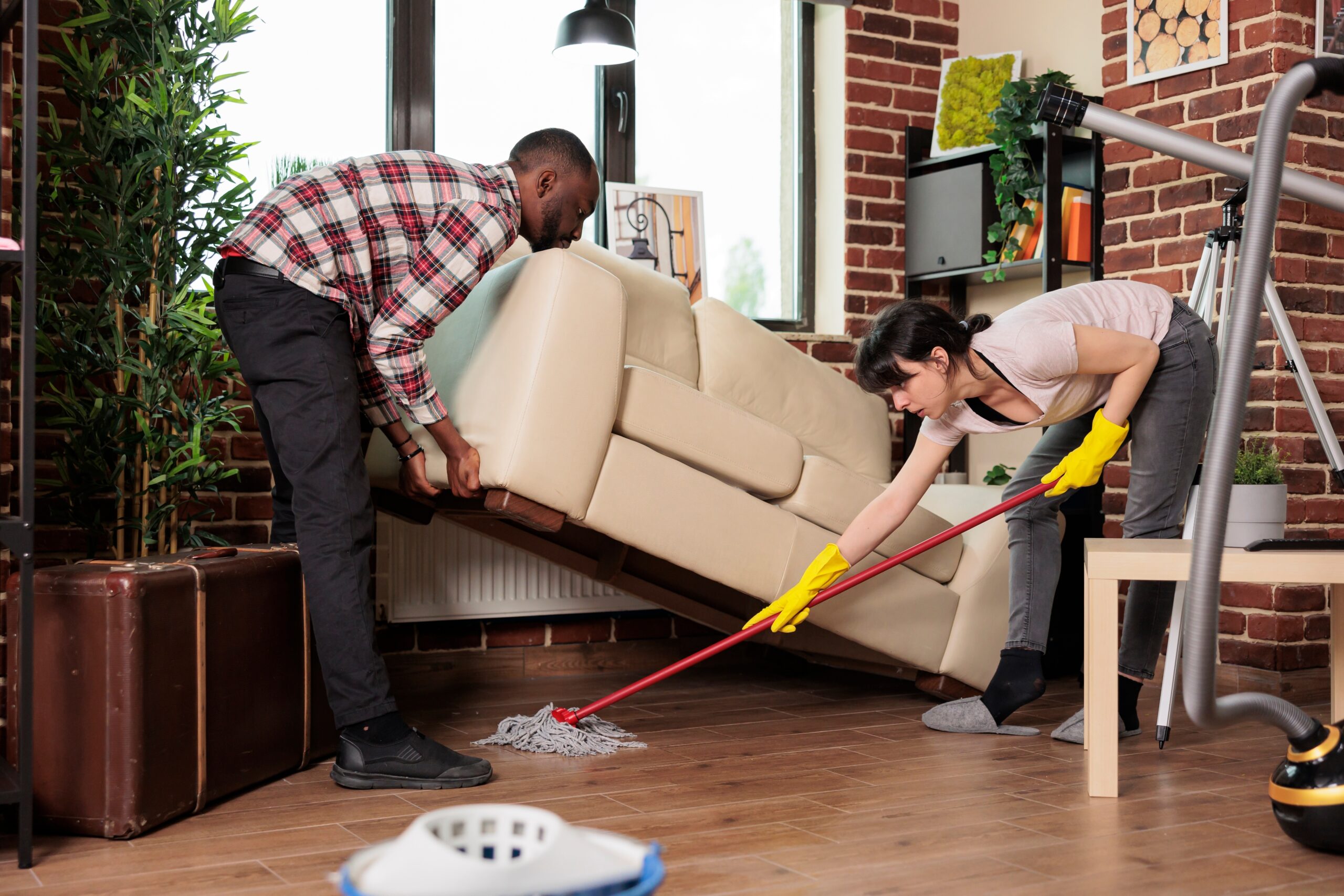 Modern,Wife,Mopping,Under,Sofa,While,Husband,Lifts,It,,Multiracial